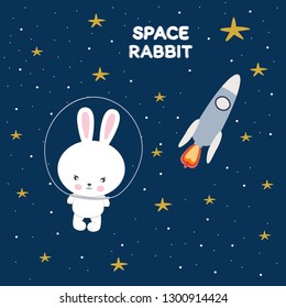 Cute funny rabbit in space. Concept for children print. Sweet kids graphics for t-shirts. Greeting card.