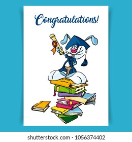 Cute funny Rabbit student cartoon illustration. Congratulation graduates. Background for graduation greeting card, poster, banner, invitation template design.  Vector illustration ease editable.