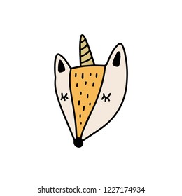 Cute funny rabbit unicorn face illustration. Doodle style. Vector and jpg.