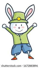 Cute And Funny Rabbit Wearing Clothes With Celebrating Pose