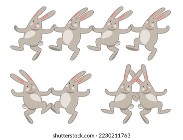 Cute funny rabbits dancing in a group and couples, holding hands, new year party