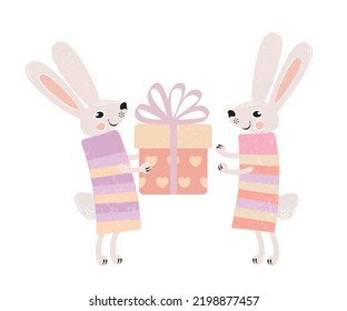 los conejos graciados adorables dan regalos. un dibujo plano de tipo caricatura con una textura de lápiz. tarjeta de saludo, imagen de video con animales lindos por felicitaciones. ilustración vectorial de stock. EPS 10.