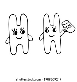Cute funny rabbits. Hand drawn vector illustration, ink pen drawing, isolated black on white background