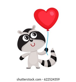Cute and funny raccoon holding red heart shaped balloon, cartoon vector illustration isolated on white background. Raccoon holding heart balloon, birthday greeting decoration