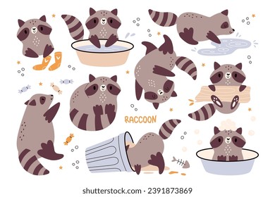 Cute funny raccoon kawaii characters eating, overeating, playing, whooping up, sleeping, relaxing. Sluggish, slow, lazy happy forest animal in different poses, doing various things vector illustration