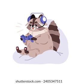 Cute funny raccoon playing video game. Happy gamer, excited animal character with console, controller during videogame entertainment, leisure. Flat vector illustration isolated on white background