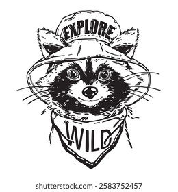 Cute funny raccoon portrait, vector hand drawn hiking character design, forest animal trendy print. Cartoon baby camping mascot muzzle logo, kids t-shirt graphic. Cute raccoon in hat with neckcloth