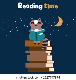 Cute funny raccoon reading a book 