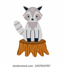 cute funny raccoon is sitting on stump. illustration with animals for children.