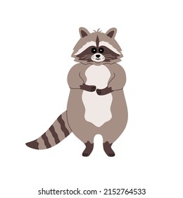Cute funny raccoon standing on the hind legs. Hand drawn color vector illustration isolated on white background. Modern flat cartoon style.
