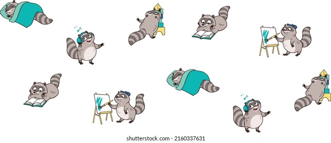 Cute And Funny Racoons Vector Seamless Pattern. Cartoon Racoon Characters Design Background With Flat Color In Different Poses