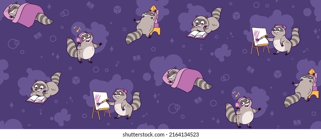 Cute And Funny Racoons Vector Seamless Pattern. Cartoon Racoon Characters Design Background With Flat Color In Different Poses