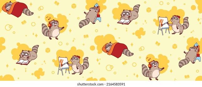 Cute And Funny Racoons Vector Seamless Pattern. Cartoon Racoon Characters Design Background With Flat Color In Different Poses