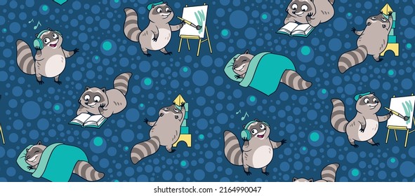 Cute And Funny Racoons Vector Seamless Pattern. Cartoon Racoon Characters Design Background With Flat Color In Different Poses