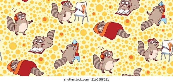 Cute And Funny Racoons Vector Seamless Pattern. Cartoon Racoon Characters Design Background With Flat Color In Different Poses