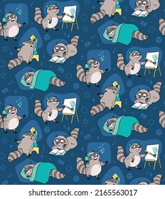 Cute And Funny Racoons Vector Seamless Pattern. Cartoon Racoon Characters Design Background With Flat Color In Different Poses