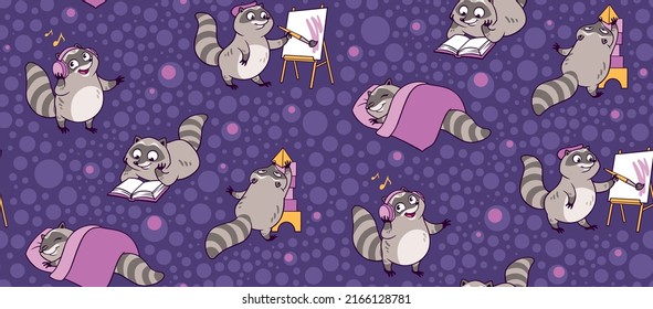 Cute And Funny Racoons Vector Seamless Pattern. Cartoon Racoon Characters Design Background With Flat Color In Different Poses