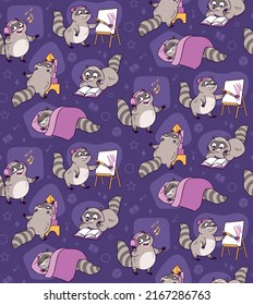 Cute And Funny Racoons Vector Seamless Pattern. Cartoon Racoon Characters Design Background With Flat Color In Different Poses