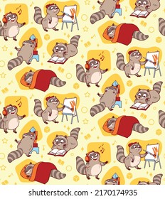 Cute And Funny Racoons Vector Seamless Pattern. Cartoon Racoon Characters Design Background With Flat Color In Different Poses