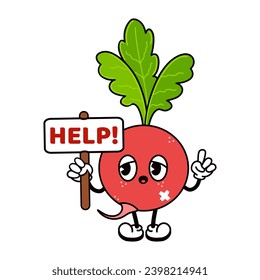 Cute funny Radish with an inscription help character. Vector hand drawn traditional cartoon vintage, retro, kawaii character illustration icon. Isolated white background. Radish character