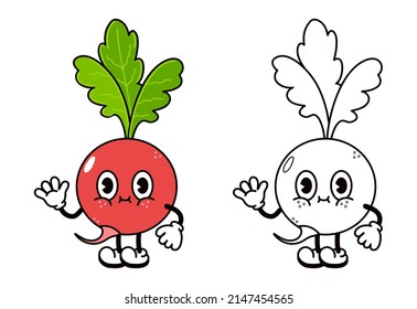 Cute divertido rábano ondeando el personaje de la mano contorno ilustración de dibujos animados para el libro de colorear. Vector de jengibre dibujado a mano tradicional de caricatura vintage, retro, icono de ilustración. Concepto de personaje de rábano feliz
