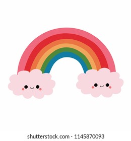 Cute and funny rainbow and clouds smiling - vector.