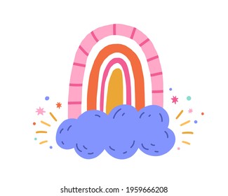 Cute funny rainbow, magic cloud and stars isolated on white background. Childish drawing in Scandinavian style. Simple flat vector illustration of doodle arch and magical cloudlet