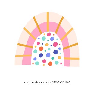 Cute funny rainbow with magic colorful rain isolated on white background. Sweet children's drawing. Childish Scandinavian flat vector illustration of lovely bright arc in simple doodle style