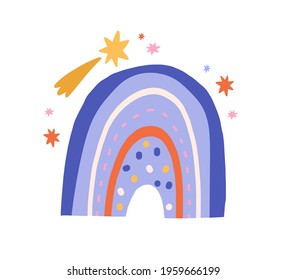 Cute funny rainbow with magic shooting stars isolated on white background. Sweet childish doodle drawing of abstract Scandinavian arch. Children's flat vector illustration in Scandi style