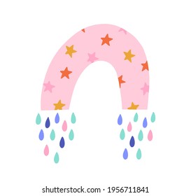 Cute funny rainbow with stars and magic colorful rain isolated on white background. Sweet children's drawing. Childish doodle flat graphic vector illustration of lovely arch in Scandinavian style