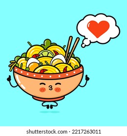 Cute funny ramen bowl doing yoga with speech bubble. Vector hand drawn cartoon kawaii character illustration icon. Isolated on blue background. Happy ramen bowl in love character concept