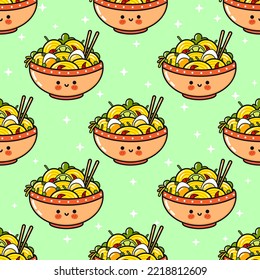 Cute funny ramen bowl pattern. Vector hand drawn cartoon kawaii character illustration icon. Isolated on green background. Happy ramen bowl character concept