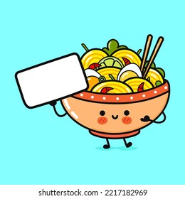 Cute funny ramen bowl with poster. Vector hand drawn cartoon kawaii character illustration icon. Isolated on blue background. Happy ramen bowl think concept