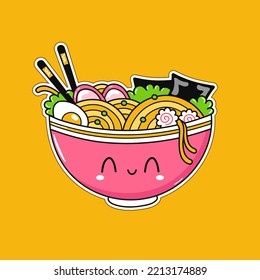 Cute Funny Ramen Bowl. Vector Hand Drawn Cartoon Kawaii Character Illustration Logo Icon. Cute Japan Anime,manga Style Ramen Bowl,noodle Cartoon Kawaii Concept