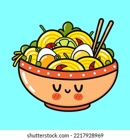 Cute funny ramen bowl. Vector hand drawn cartoon kawaii character illustration icon. Isolated on blue background. Happy ramen bowl character concept