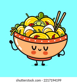 Cute funny ramen bowl waving hand. Vector hand drawn cartoon kawaii character illustration icon. Isolated on blue background. Happy ramen bowl character concept