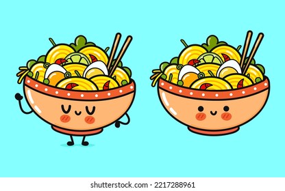 Cute funny ramen bowl waving hand. Vector hand drawn cartoon kawaii character illustration icon. Isolated on blue background. Happy ramen bowl character concept