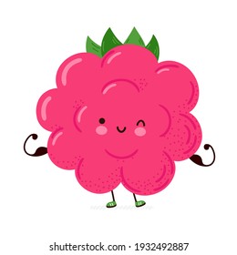 Cute funny Raspberry show muscle. Vector hand drawn cartoon kawaii character illustration icon. Isolated on white background. Raspberry fitness concept
