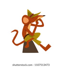 Cute funny rat wearing green pants and hat playing harmonica, cartoon rodent character with musical instrument vector Illustration on a white background