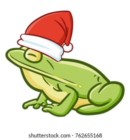 Cute and funny realistic frog wearing Santa's hat for Christmas and smiling - vector.