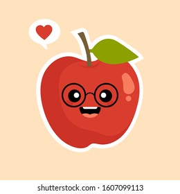 Cute and funny red apple character, mascot, decoration element, cartoon vector illustration isolated on color background. Red apple funny character, concept of health care for kids. Kawaii Apple