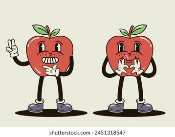 Cute and funny red apple characters in a groovy style vector illustration