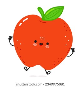 Cute funny Red Apple jumping character. Vector hand drawn cartoon kawaii character illustration icon. Isolated on white background. Happy Red Apple fruit character concept