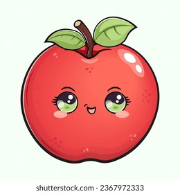 Cute funny Red apple. Vector hand drawn cartoon kawaii character illustration icon. Isolated on green background. Happy Red apple character concept