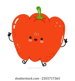 Cute funny Red bell pepper jumping character. Vector hand drawn cartoon kawaii character illustration icon. Isolated on white background. Happy Red bell pepper character concept