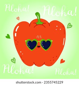 Cute funny Red bell pepper character. Vector hand drawn cartoon kawaii character illustration icon. Isolated on green background. Happy Red bell pepper character concept. Aloha card