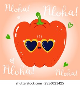 Cute funny Red bell pepper character. Vector hand drawn cartoon kawaii character illustration icon. Isolated on pink background. Happy Red bell pepper character concept. Aloha card