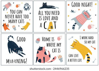 Lindos y divertidos gatos rojos negros y grises con juego de texto. Los personajes de dibujos animados de los gatos diseñan la colección con el color plano en diferentes poses. Conjunto de animales de compañía divertidos aislados sobre fondo blanco.