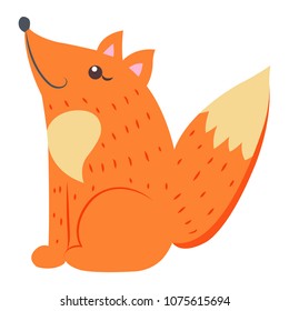 Cute funny red, bushy-tailed fox vector flat cartoon sticker isolated on white. Wild predatory animal illustration for game counters