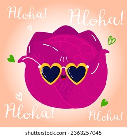 Caracter de col rojo gracioso. Caricatura dibujada a mano del vector icono de ilustración del personaje kawaii. Aislado en un fondo rosado. Feliz concepto de personaje de col roja. Tarjeta Aloha.